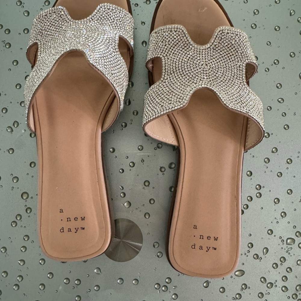 "A New Day" Silver BeJeweled Flats Sandals Slides Women's 6